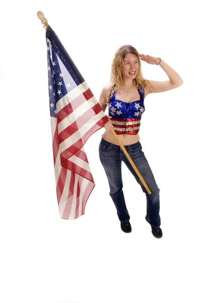 Atractiva mujer patriota americana con bandera — Foto de Stock