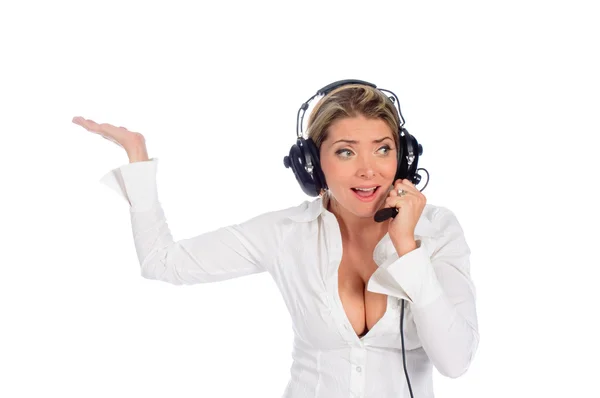 Controlador de tráfico aéreo mujer hablando en auriculares —  Fotos de Stock