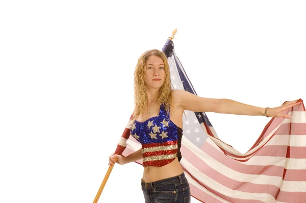 Atractiva mujer patriota americana con bandera —  Fotos de Stock