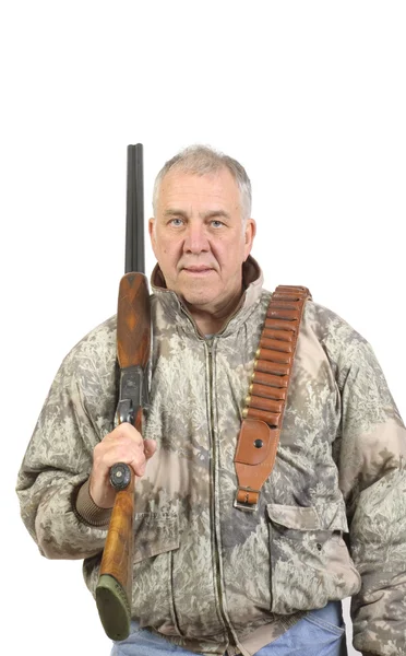 Older hunter in camo with shotgun — Stock Photo, Image