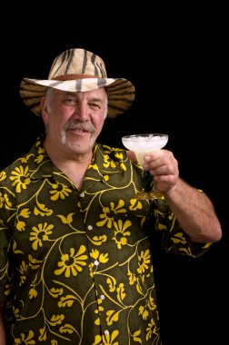 Man with a fu man chu mustache, hat and Margarita clipart