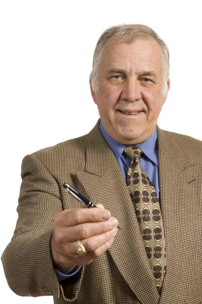 Older salesman with pen — Stock Photo, Image