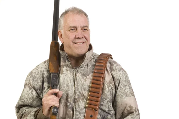 Hunter with shotgun over shoulder isolated — Stock Photo, Image