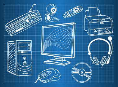 Blueprint of computer hardware - peripheral devices clipart