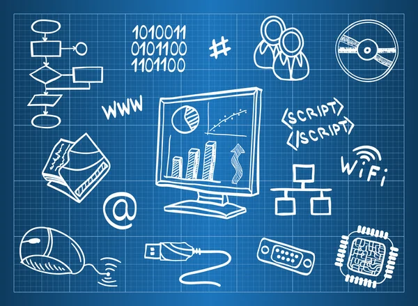 コンピューターのハードウェアおよび情報技術のシンボルの青写真 — ストックベクタ