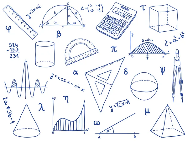 Matemáticas: material escolar, formas geométricas y expresiones — Archivo Imágenes Vectoriales