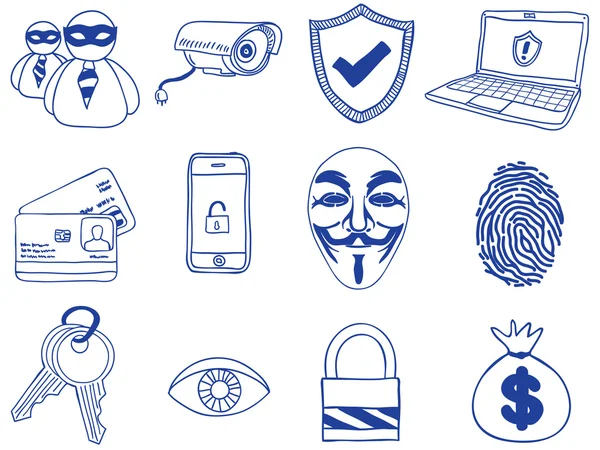Seguridad y piratería - iconos dibujados a mano — Vector de stock