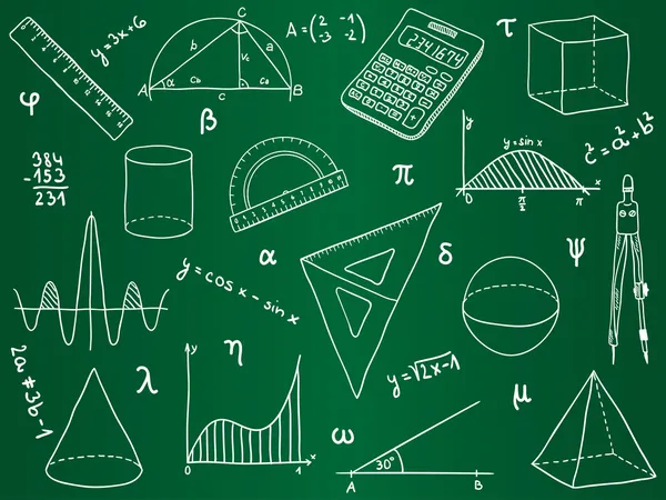Wiskunde - school supplies, geometrische vormen en expressies — Stockvector