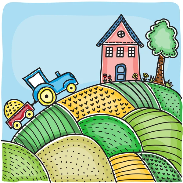 Illustration av åkrar, hus på kullen och traktor — Stock vektor