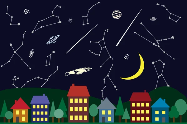 Ilustración del cielo nocturno sobre la ciudad — Vector de stock