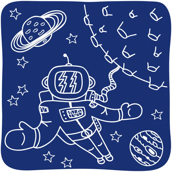 Disegno di un astronauta e pianeti — Vettoriale Stock