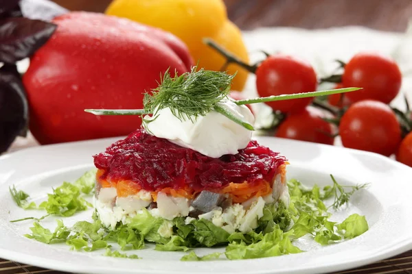 흰 접시에 맛 있는 샐러드 — 스톡 사진
