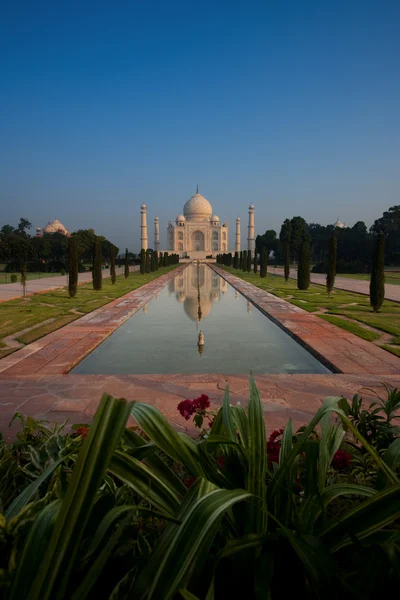 Vuoto lontano Taj Mahal riflessione in fiori fontana — Foto Stock