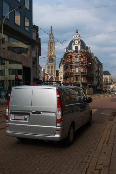 Blank Delivery Van Cobblestone Streets Europe — Stock Photo, Image