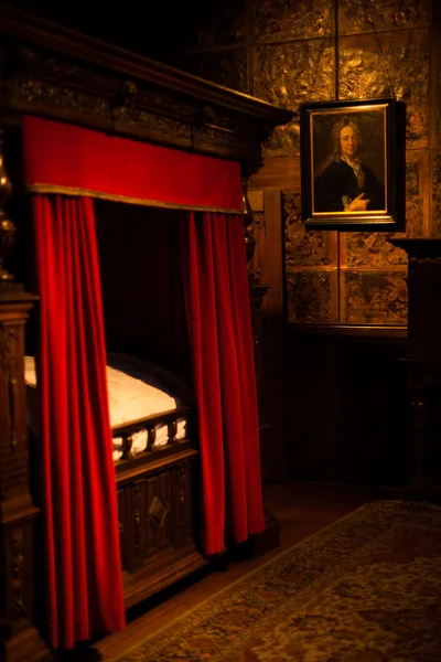 Letto a baldacchino in legno scuro della camera da letto vecchio mondo — Foto Stock