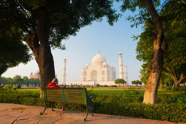 Taj Mahal Framed Park Bench Grass Trees Shrubs H — Stock Photo, Image