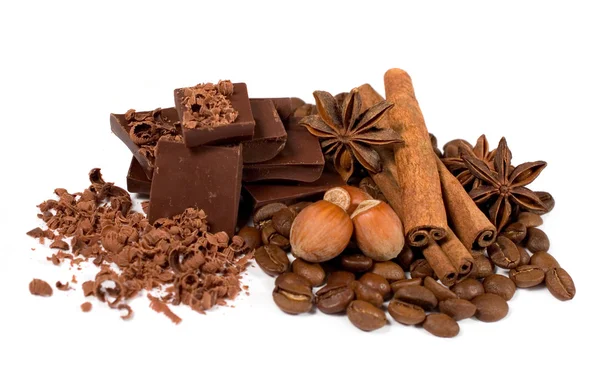 Chocolate, cinnamon and hazelnuts — Stock Photo, Image