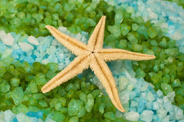 Background with sea salt and seastars — Stock Photo, Image