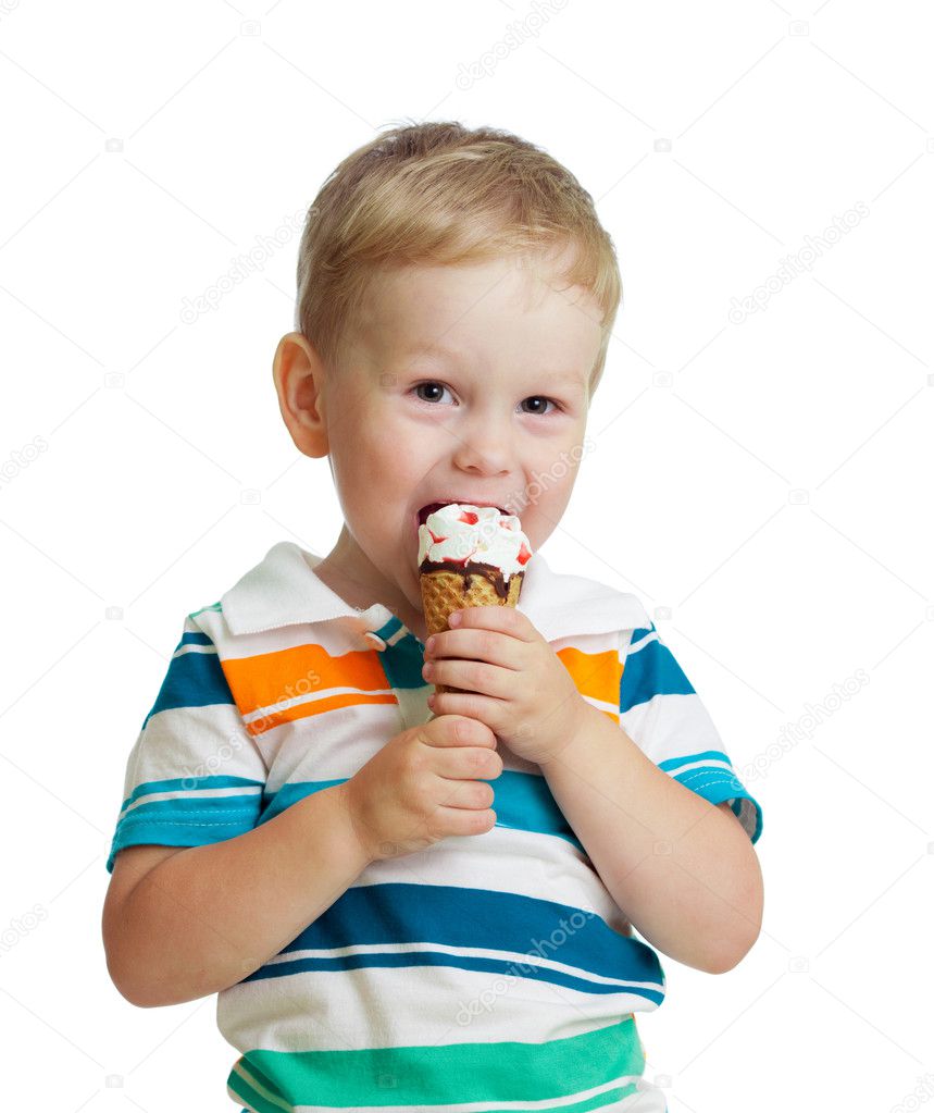 Happy kid boy eating ice cream in studio isolated Stock Photo by ...