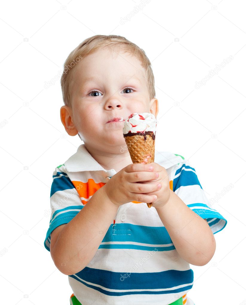 Happy child boy eating ice cream in studio isolated — Stock Photo ...