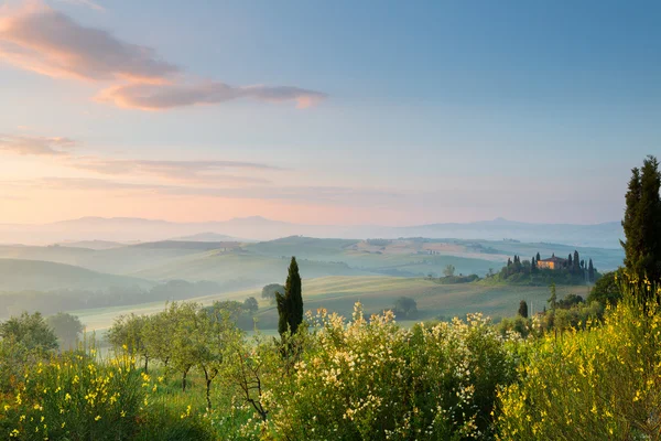 Erstes Sonnenlicht in den Hügeln der Toskana — Stockfoto