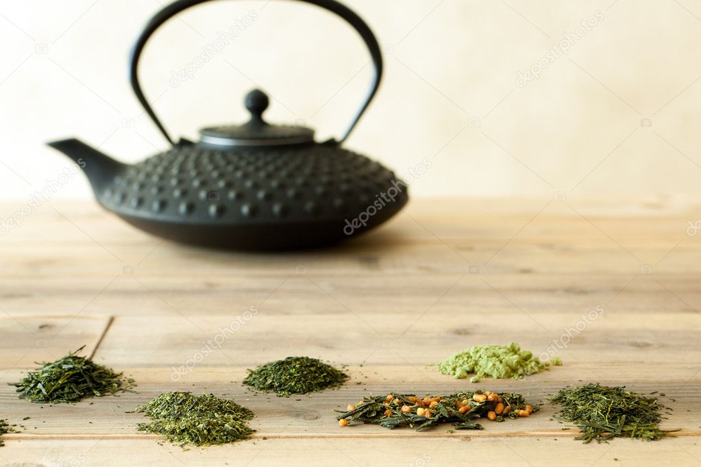 Teapot and Japanese tea sorts
