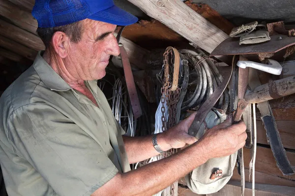 Ένας αγρότης ελέγχει τα εργαλεία — Φωτογραφία Αρχείου