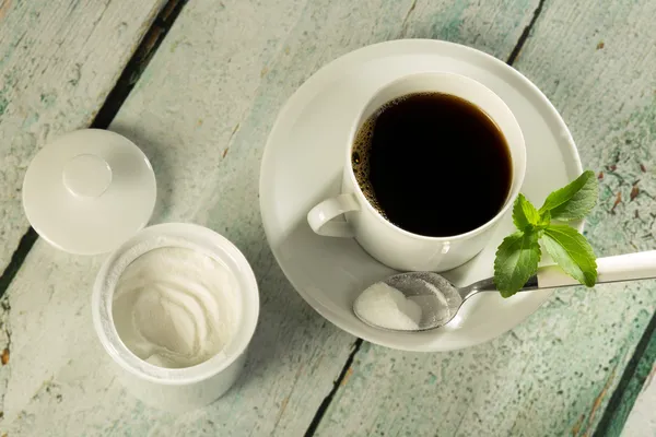 White stevia powder and coffee — Stock Photo, Image