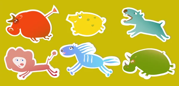 Set of bright tags with funny running animals — Stock Vector