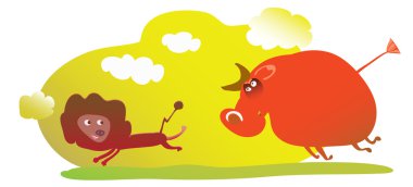 Lion running from angry bull clipart