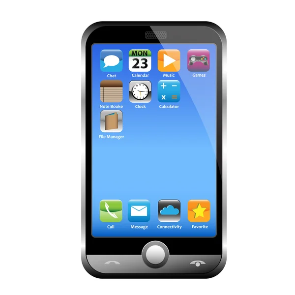 Un teléfono plateado ancho una pantalla azul — Vector de stock