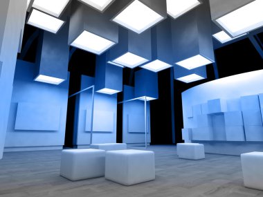 Art gallery with blank frames, modern building, conceptual archi clipart