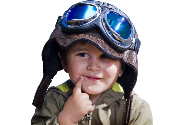 Un pilota bambino con cappello enorme e occhiali, isolato . — Foto Stock