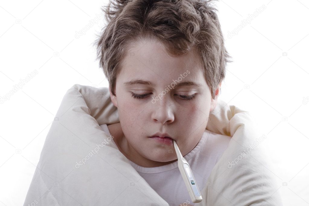 Young patient with fever, with digital thermometer and white bla