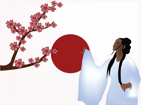 Flaga z japońskich kobiet oraz kwiaty wiśni — Wektor stockowy