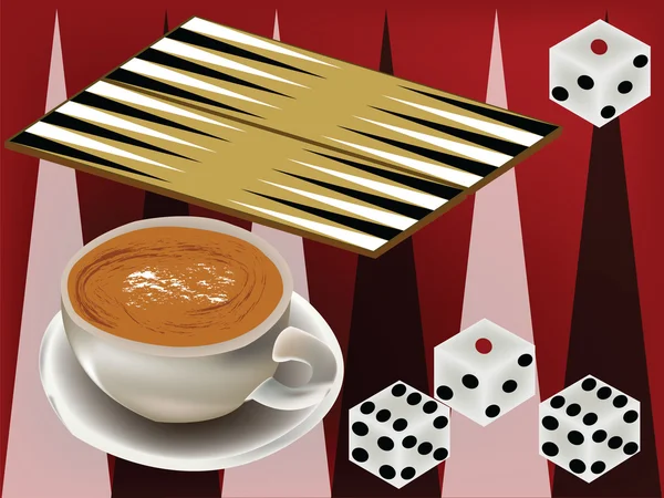 Café y dados con mesa de backgammon — Vector de stock