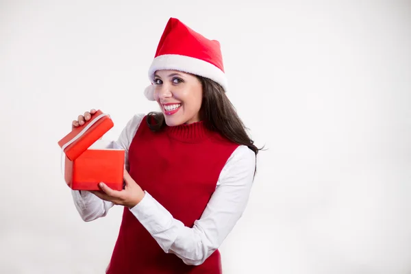 Navidad chica apertura caja — Foto de Stock