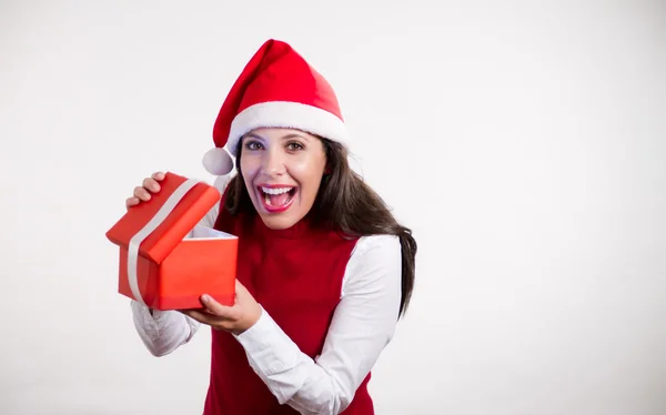 Christmas girl opening box — Stock Photo, Image