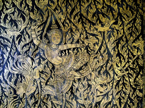 Vintage traditional Thai style art painting on temple's wall (Buddha history) — Stock Photo, Image