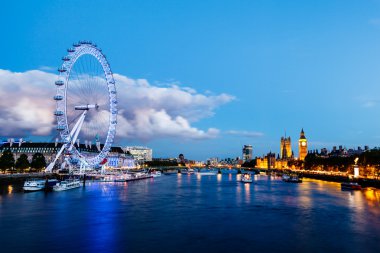 London Eye, Westminster Bridge and Big Ben in the Evening, Londo clipart