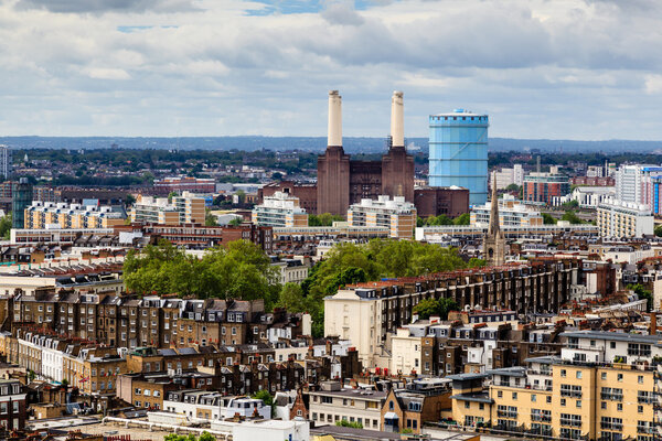 Aerial View from Westminster Cathedral on Roofs and Battersea Powerstation, London, United Kingdom
