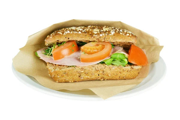 Brown sandwich with tomato, lettuce and mustard sauce. — Stock Photo, Image