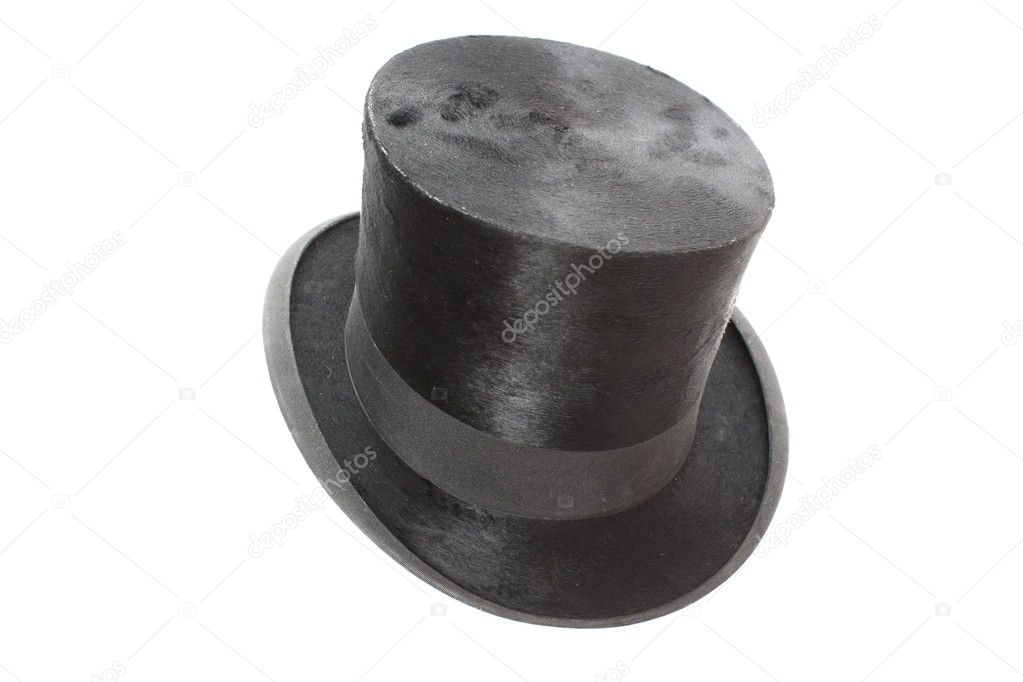 Sombrero de copa negro del caballero del vintage aislado en blanco.  accesorio topper tradicional clásico