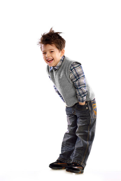 Young European children laughing on white background in a knitte