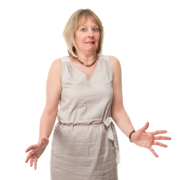 Attractive Woman with Scared Expression Holding Out Hands — Stock Photo, Image