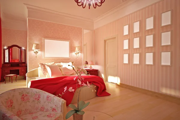 Schlafzimmer in rosa Innenarchitektur — Stockfoto