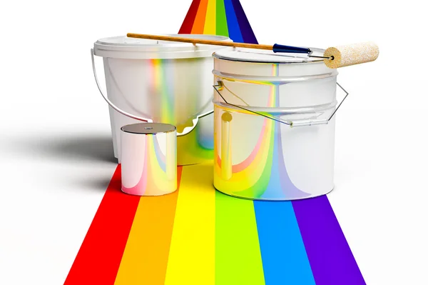 Bucket with paint, roller, and rainbows colors — Stock Photo, Image