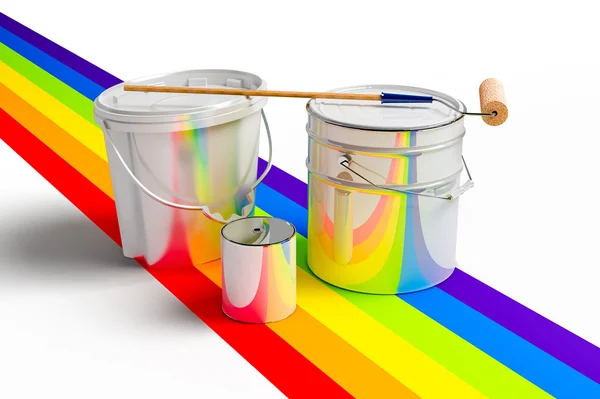 Secchio con colori di vernice, rullo e arcobaleni — Foto Stock