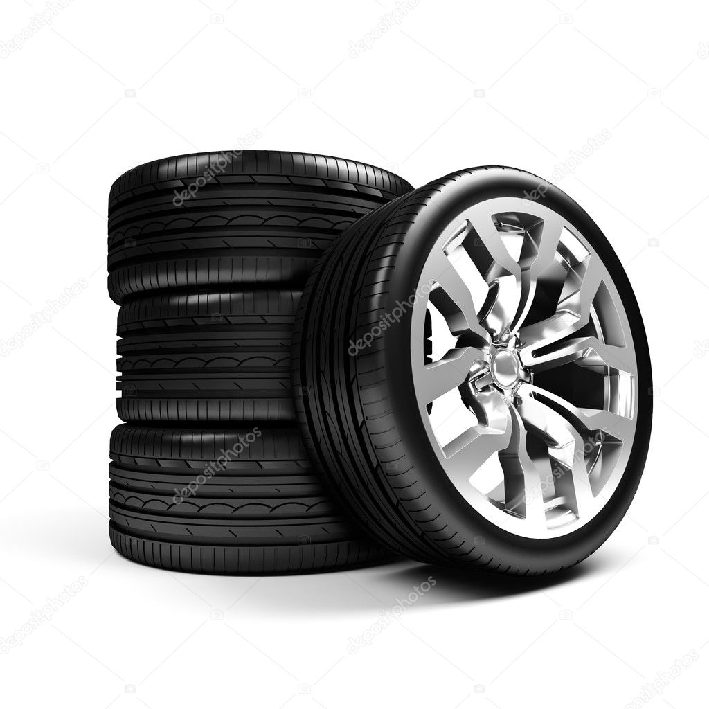 Set of car wheels isolated over white