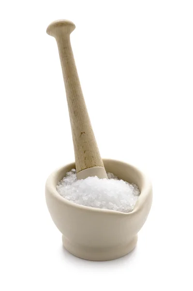 Pestle and mortar with salt — Stock Photo, Image